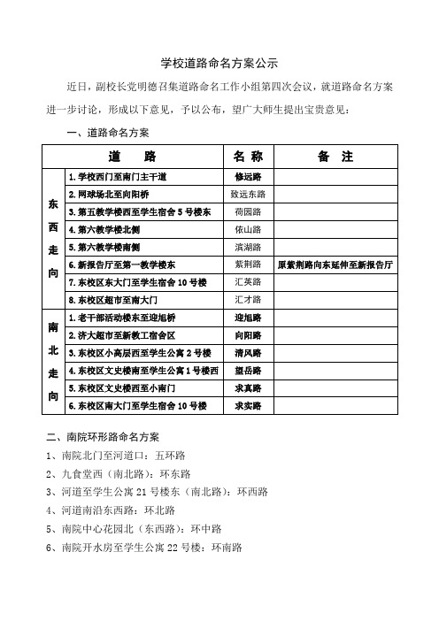 学校道路命名方案公示