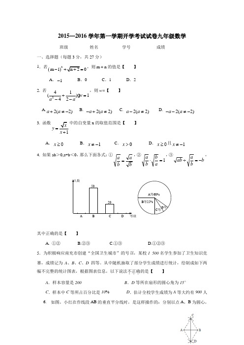 江苏省苏州市常熟市外国语学校2016届九年级上学期开学水平测试数学试题(答案)$646450