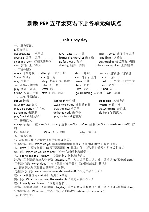 新版PEP五年级英语下册各单元知识点