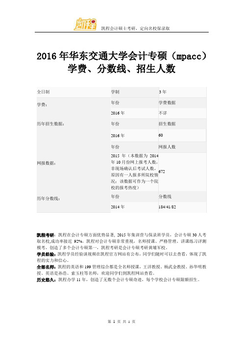 2016年华东交通大学会计专硕(mpacc)学费、分数线、招生人数