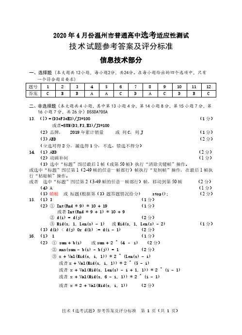 2020年4月17日浙江省学考选考高2020届高2017级高三温州二模技术试题参考答案