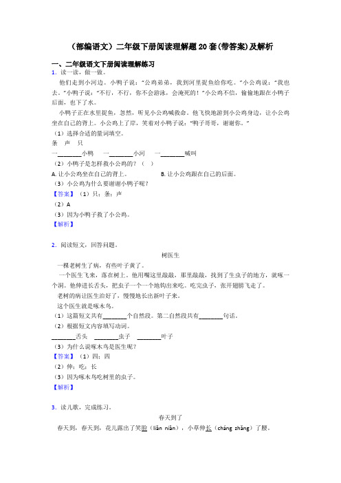 二年级(部编语文)二年级下册阅读理解题20套(带答案)及解析