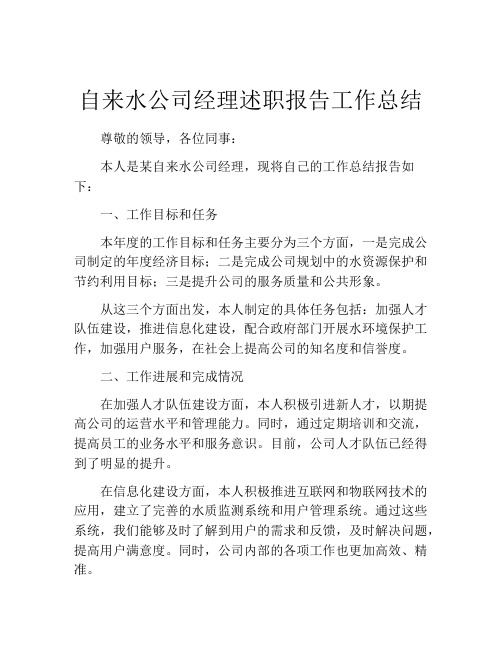 自来水公司经理述职报告工作总结