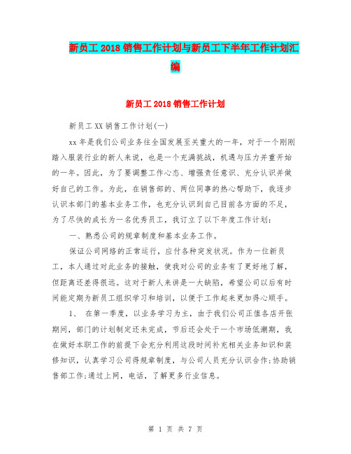 新员工2018销售工作计划与新员工下半年工作计划汇编