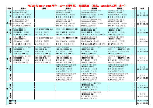 河北农大2015～2016学年  大一(两学期) 班级课表 (班名：1502土木工程  本一)