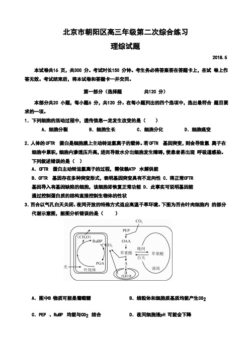 2018届北京市朝阳区高三第二次综合练习理科综合试题及