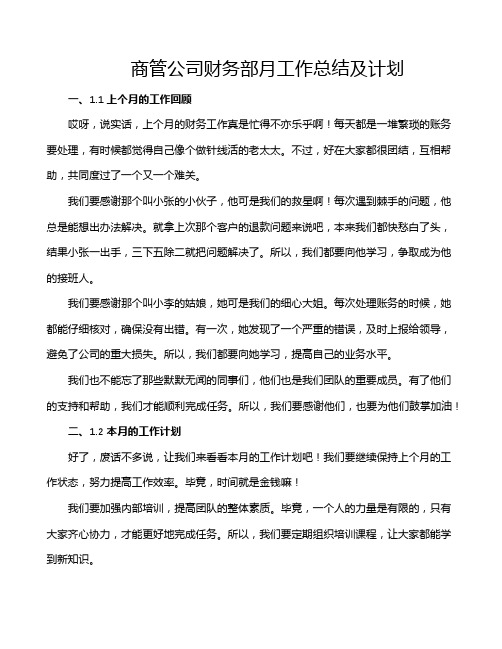 商管公司财务部月工作总结及计划