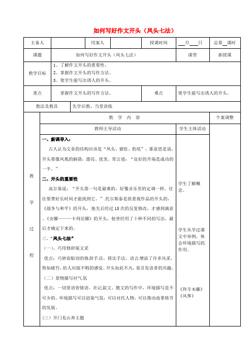 初中语文作文教案：作文专题训练 凤头七法教案