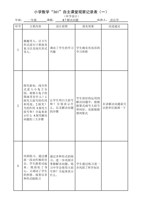 小学数学“361”自主课堂观察记录表