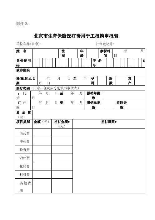 北京市生育保险医疗费用手工报销申报表