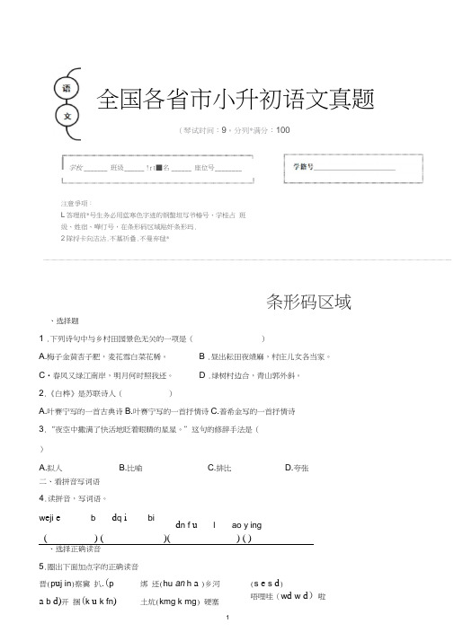 【小升初】2020年浙江省衢州市小升初语文毕业会考试题含答案(全网唯一)