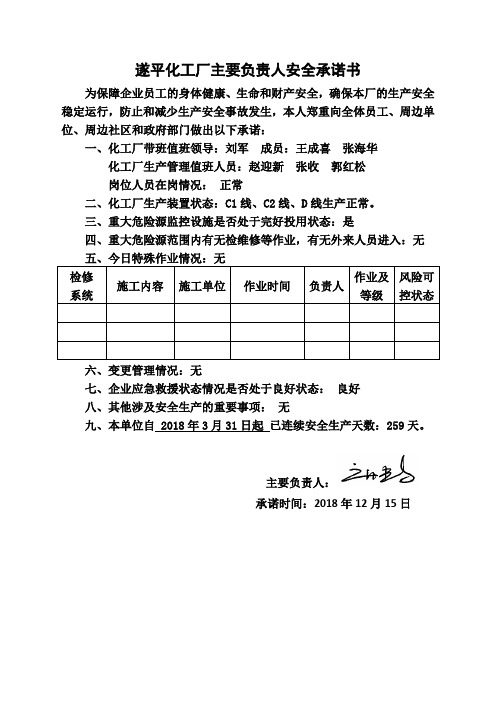 遂平化工厂主要负责人安全承诺书