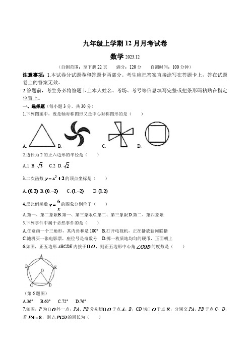 河南省安阳市滑县2024届九年级上学期12月月考数学试卷(含答案)