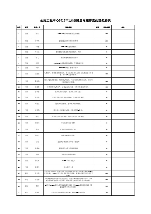 隐患排查奖励表2013年1月