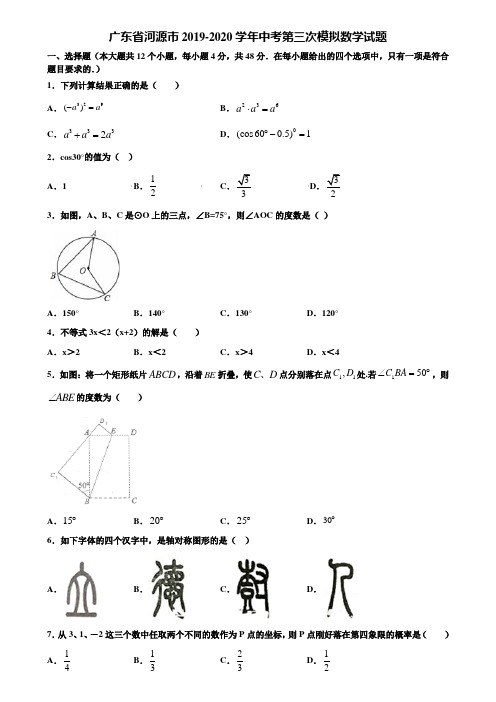 广东省河源市2019-2020学年中考第三次模拟数学试题含解析