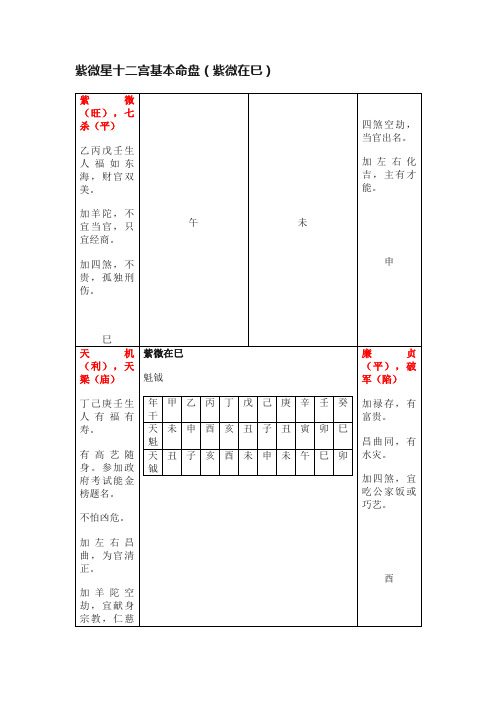 紫微星十二宫基本命盘（紫微在巳）