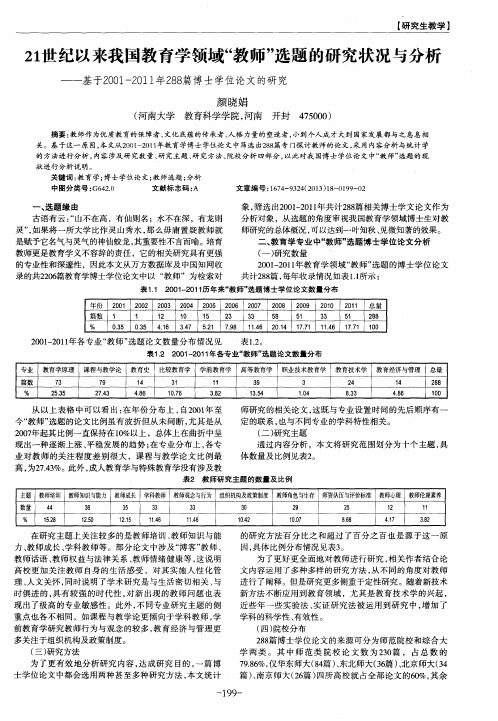 21世纪以来我国教育学领域“教师”选题的研究状况与分析——基于2001—2011年288篇博士学位论文的研究