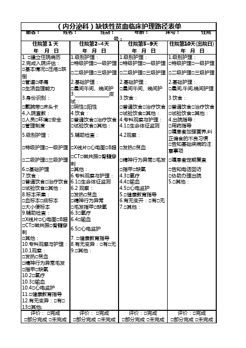 (内分泌科)缺铁性贫血临床护理路径表单