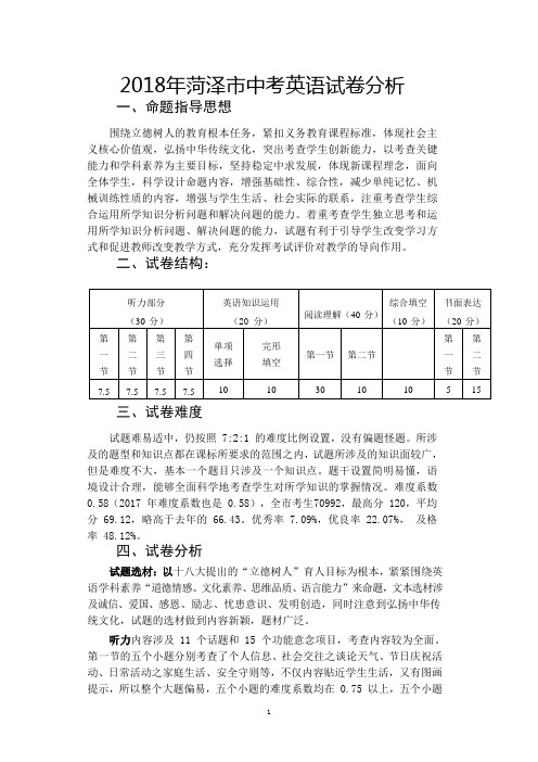 2018年菏泽市中考英语试卷分析