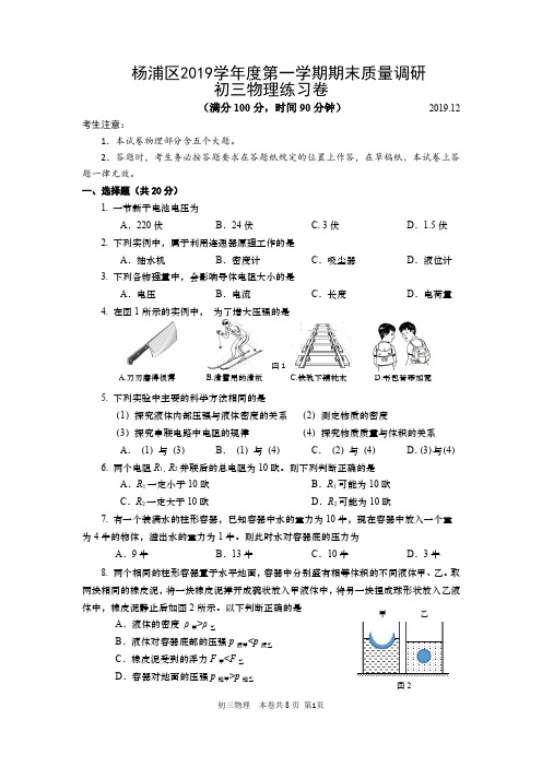 2020年杨浦区初三物理一模试卷含答案