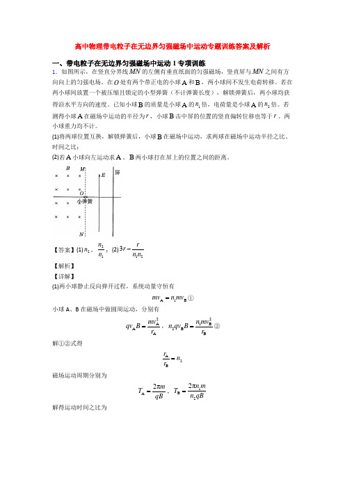 高中物理带电粒子在无边界匀强磁场中运动专题训练答案及解析