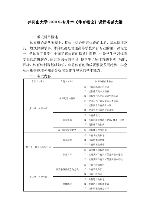 井冈山大学2020年普通专升本《体育类》专业基础科目考试大纲