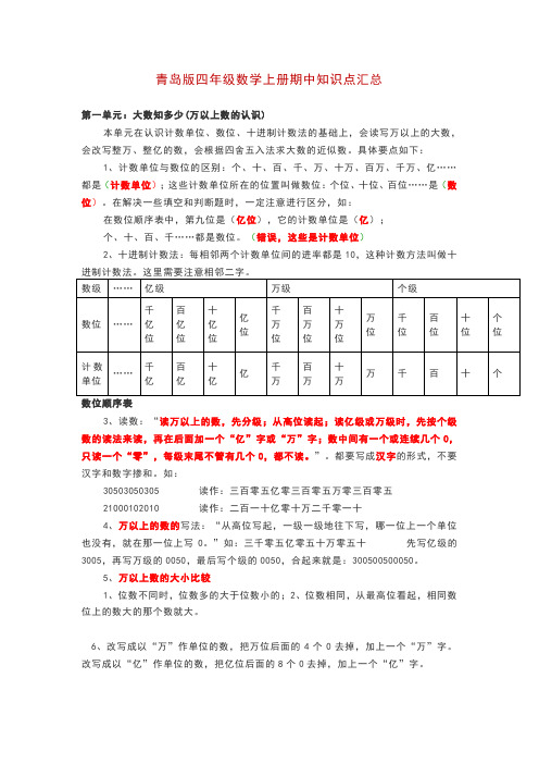 青岛版四年级数学上册期中知识点汇总