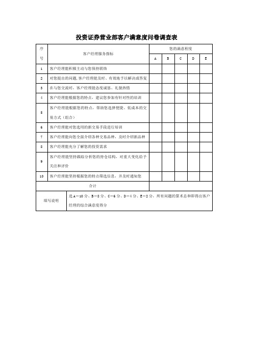 投资证券营业部客户满意度问卷调查表