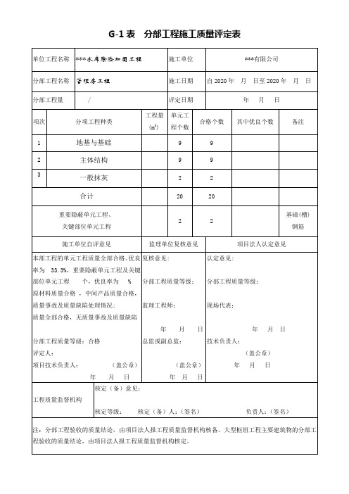 G-1表  分部工程施工质量评定表 水利水电工程 填写范例