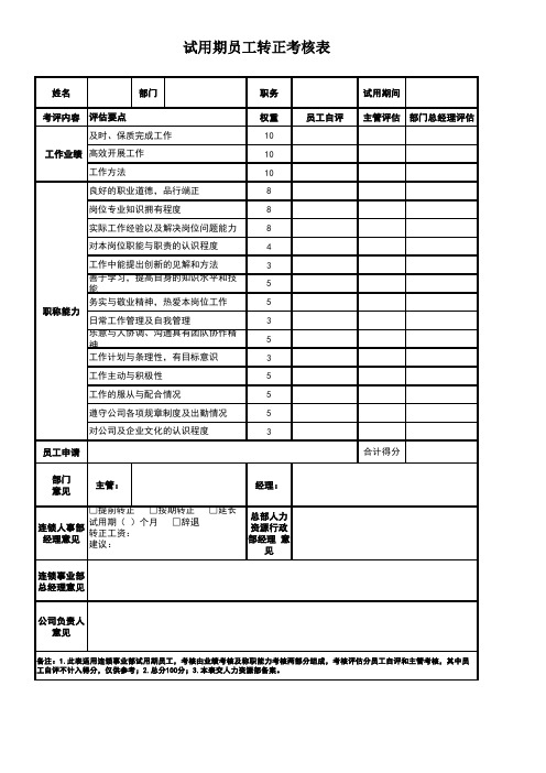 试用期员工转正考核表