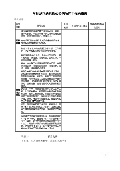 学校及托幼机构传染病防控工作自查表