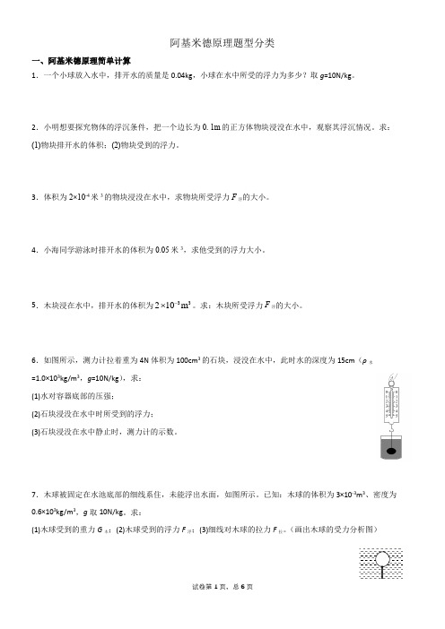 人教版八年级下册物理浮力 --阿基米德原理计算题专项训练