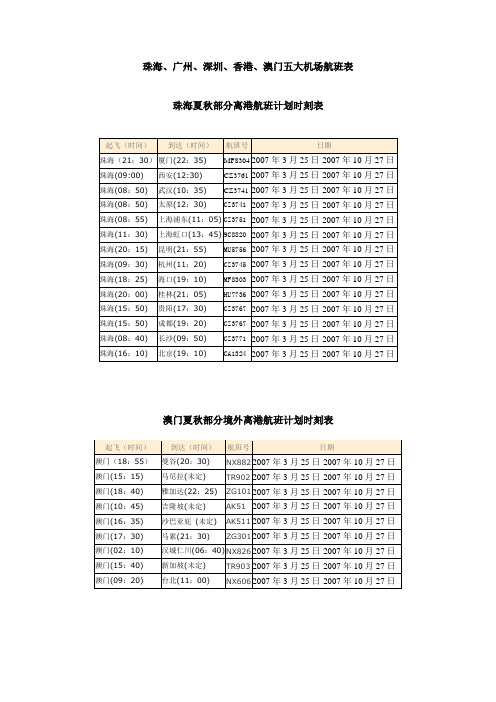 澳门五大机场航班表