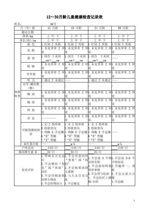 12～30月龄儿童健康检查记录表