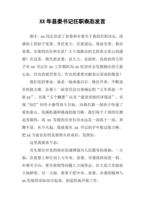 XX年县委书记任职表态发言