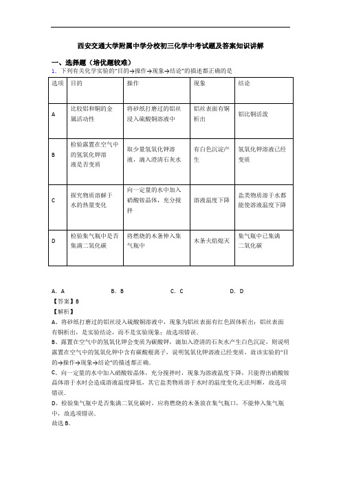 西安交通大学附属中学分校初三化学中考试题及答案知识讲解