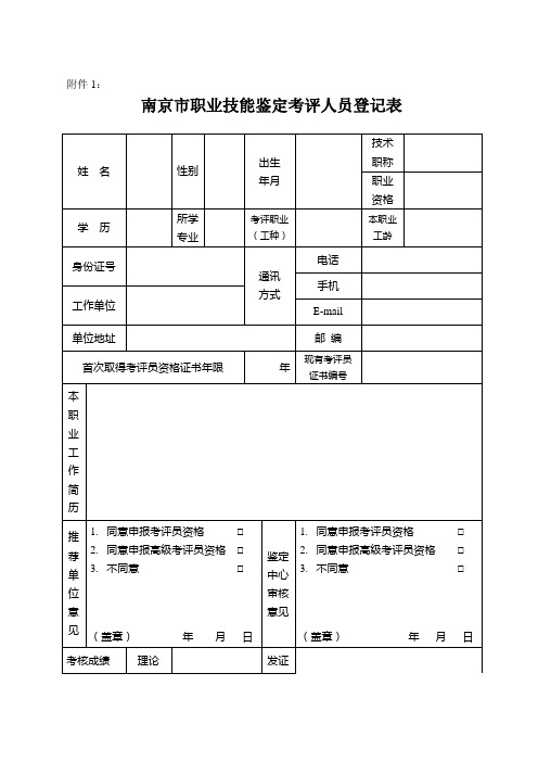 南京市职业技能鉴定考评人员登记表