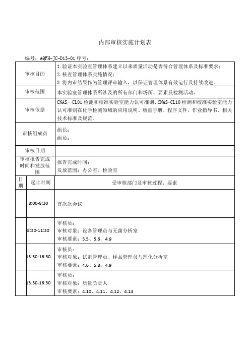 实验室内审计划