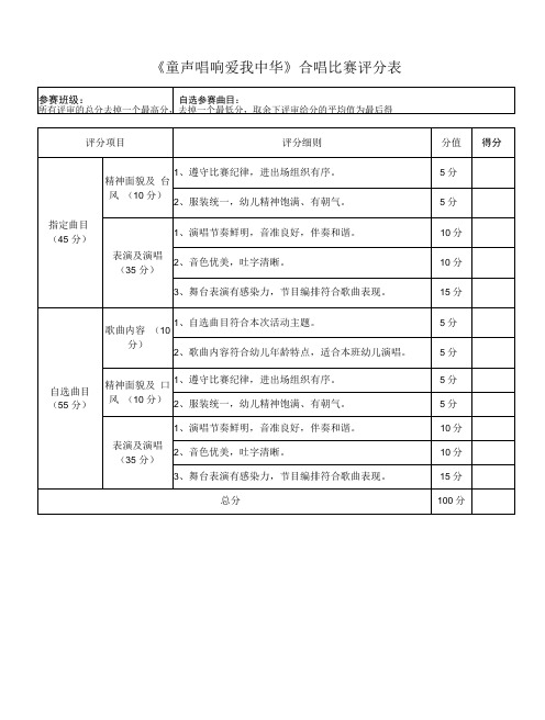 《童声唱响爱我中华》合唱比赛评分表