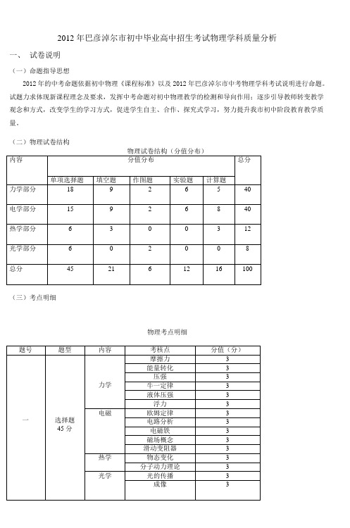 2012年巴彦淖尔市初中毕业高中招生考试物理