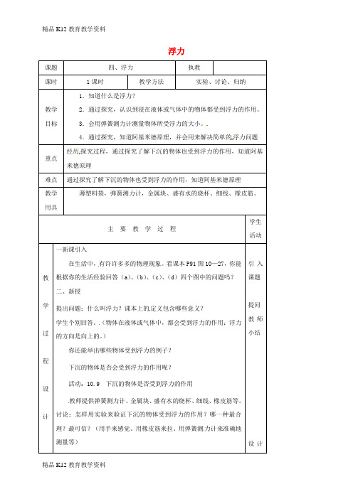 【配套K12】[学习]江苏省淮安市八年级物理下册 10.4浮力教案 (新版)苏科版