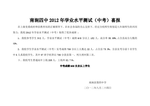 南涧四中2012年中考喜报