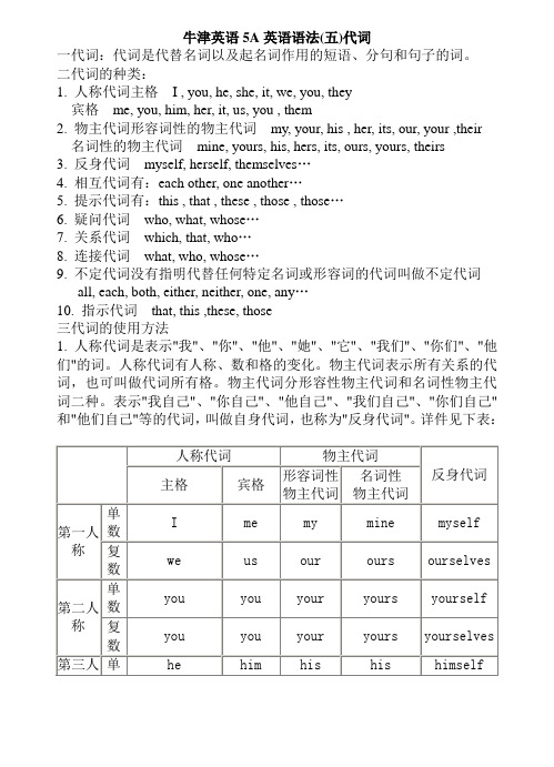 资料牛津小学英语5A英语语法(五)代词