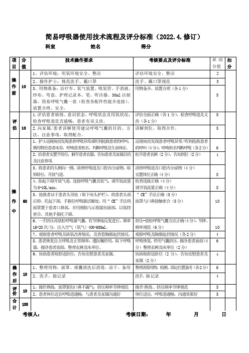 简易呼吸器使用技术流程及评分标准(修订)