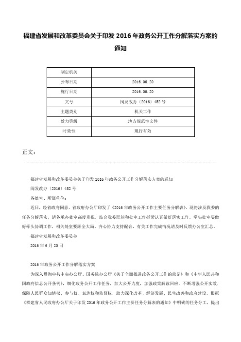 福建省发展和改革委员会关于印发2016年政务公开工作分解落实方案的通知-闽发改办〔2016〕452号