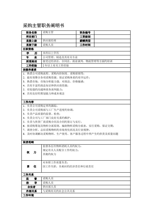 连锁酒店用品公司采购主管职务专项说明书