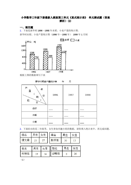 小学数学三年级下册最新人教版第三单元《复式统计表》 单元测试题(答案解析)(2)