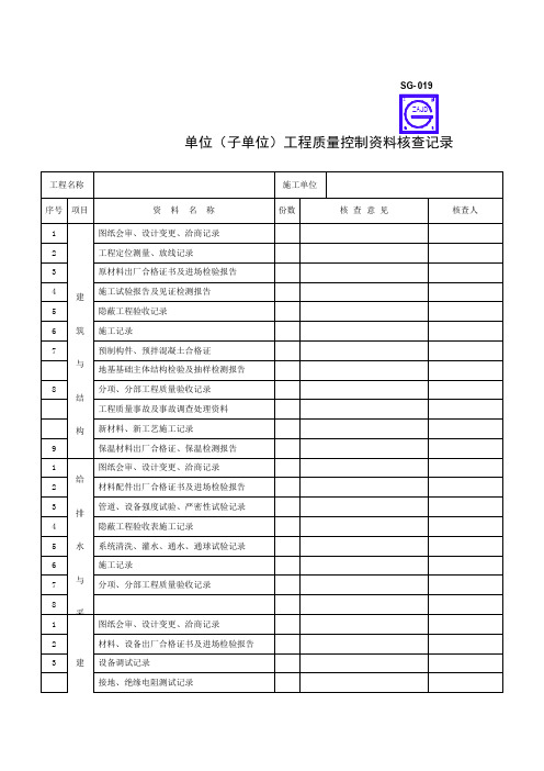 单位(子单位)工程质量控制资料核查记录