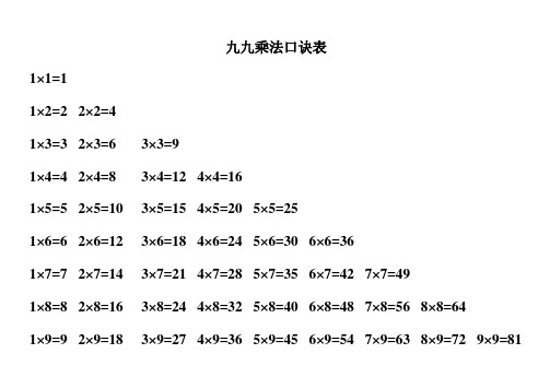 九九乘法口诀表(可直接打印)