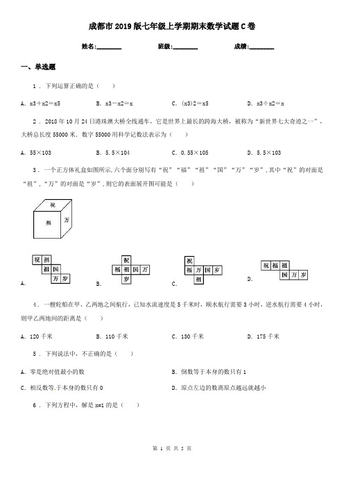 成都市2019版七年级上学期期末数学试题C卷-1